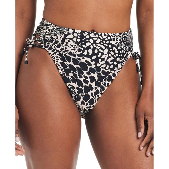 NWT Bar III Printed High-Waisted Lace Up Swim Bikini Bottoms Black Multi S - Picture 1 of 6